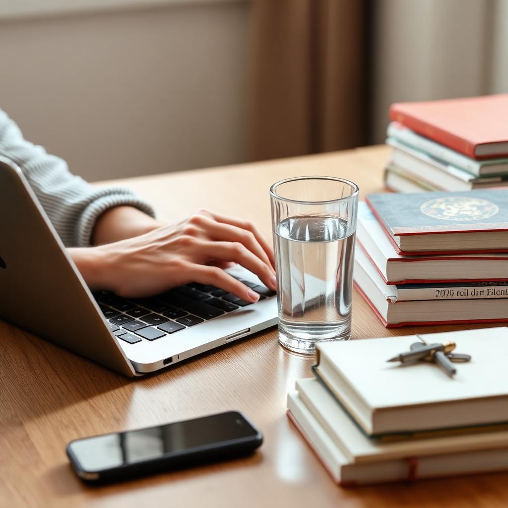 Person using a laptop at a desk with books